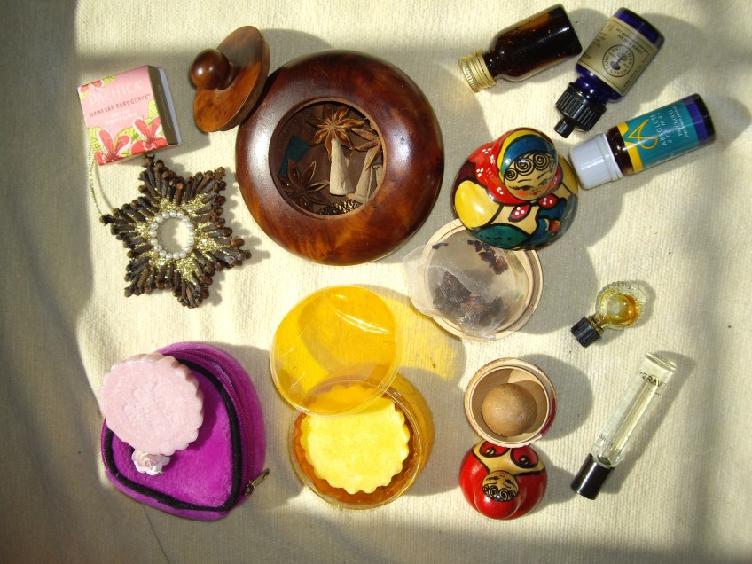 I have tried to include natural scents such as spices, essential oils, incense and sheep's wool as well as candles, soaps and perfume.